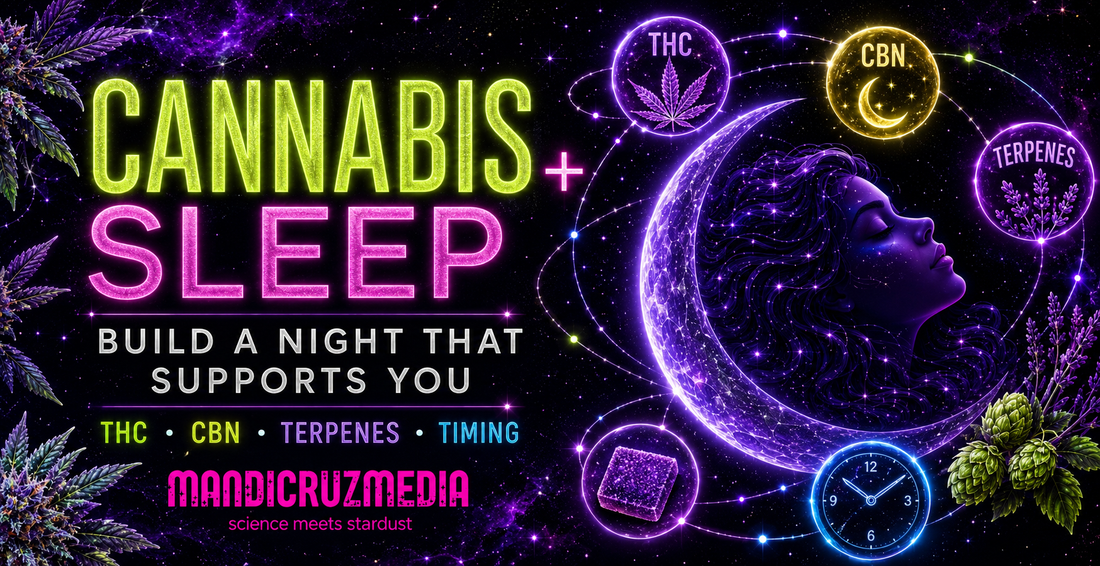 Mandi Cruz Media cannabis and sleep guide featuring a woman resting in a luminous crescent moon, surrounded by THC, CBN, terpenes, a nighttime chew, clock, lavender and hops.