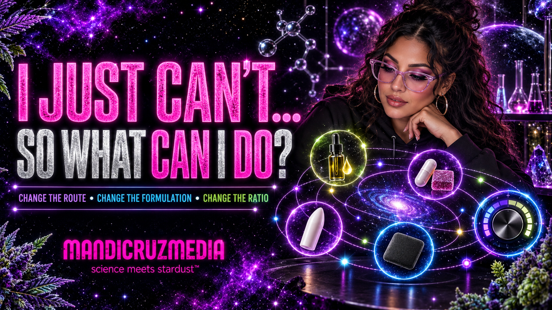 Mandi Cruz Media blog graphic featuring a Latina guide exploring sublingual, oral, internal, transdermal and cannabinoid-ratio options beneath the headline “I Just Can’t… So What Can I Do?”