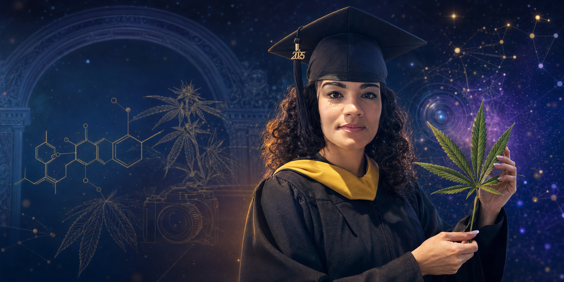 Mandi Cruz Media: Where Cannabis Science Meets StardustMandi Cruz in 2025 graduation regalia holding a cannabis leaf, surrounded by molecular diagrams, botanical illustrations, and cosmic imagery.