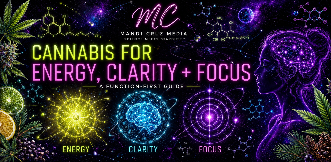 Mandi Cruz Media cosmic banner for a function-first guide to cannabis, energy, clarity and focus, featuring glowing energy, brain and target symbols beside a woman with a neural constellation.