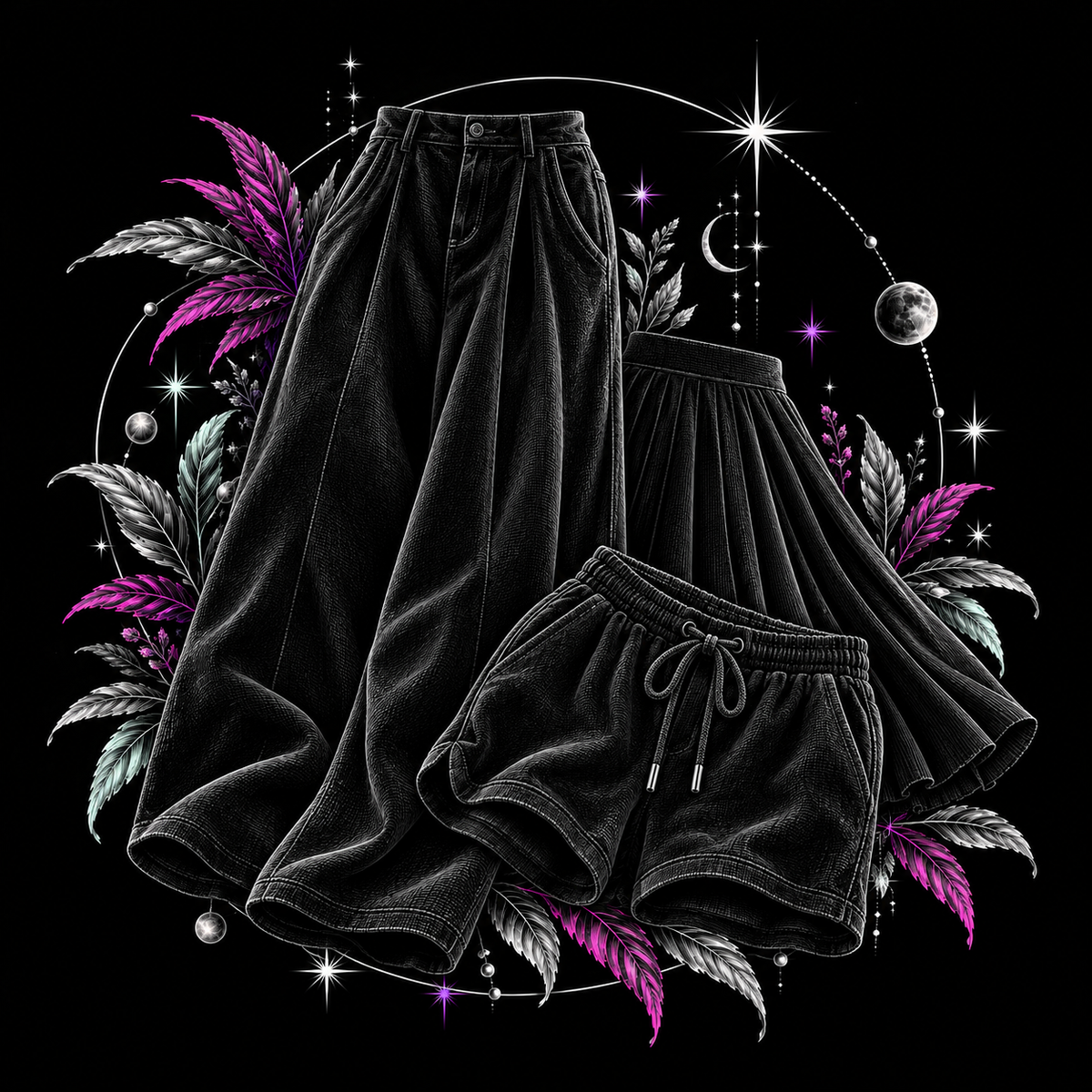 Etched illustration of black trousers, shorts and a pleated skirt with silver stars and pink and mint botanical accents on black.