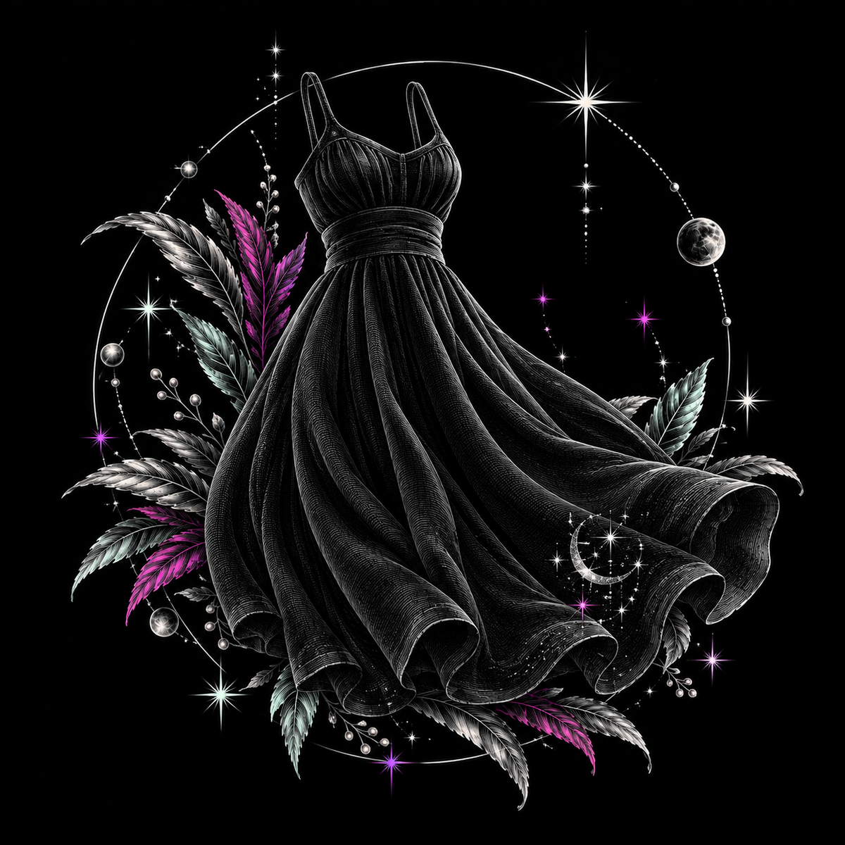 Etched black sleeveless dress with a flowing skirt, silver celestial details and pink and mint foliage on black.