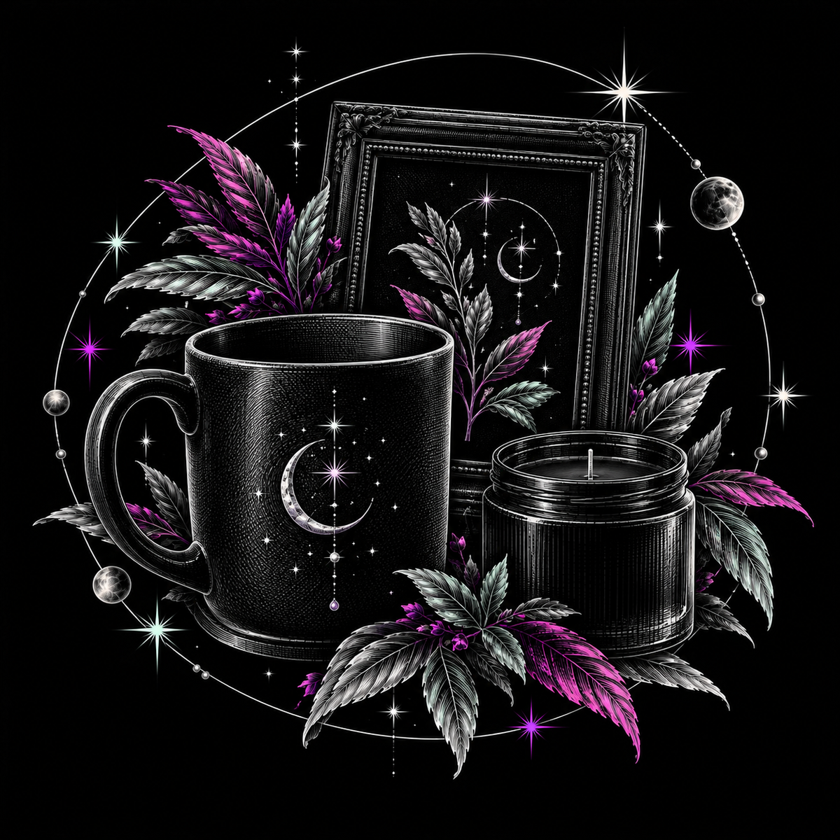 Etched black mug, candle and framed celestial botanical artwork with silver stars and pink and mint accents.