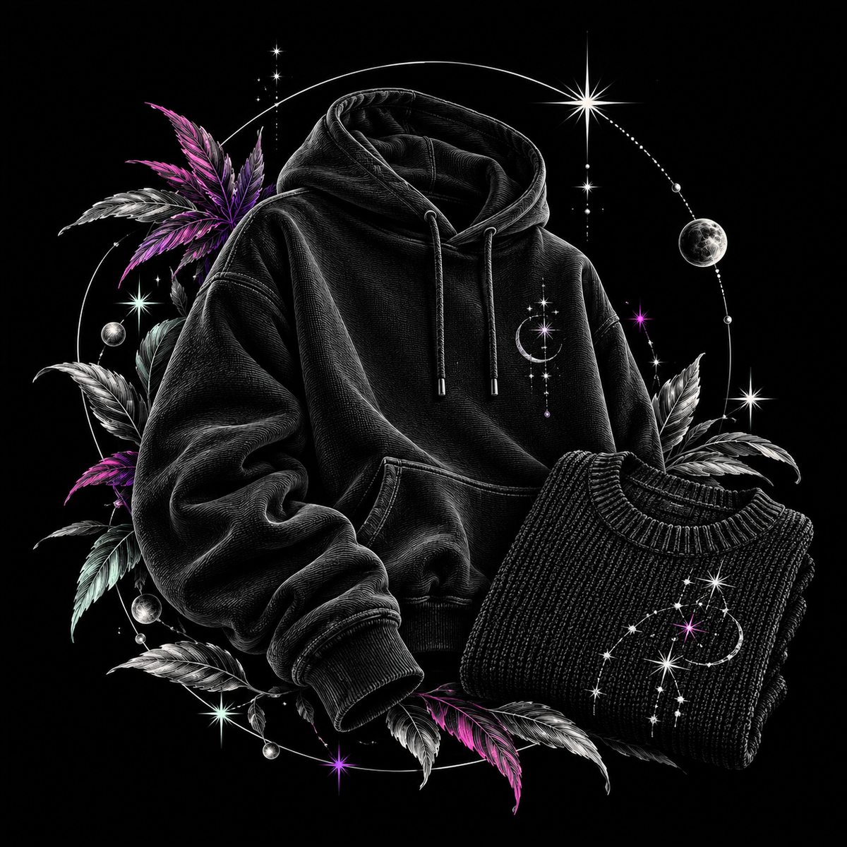 Etched black oversized hoodie and folded sweater with silver crescent motifs, stars and pink and mint botanical accents.
