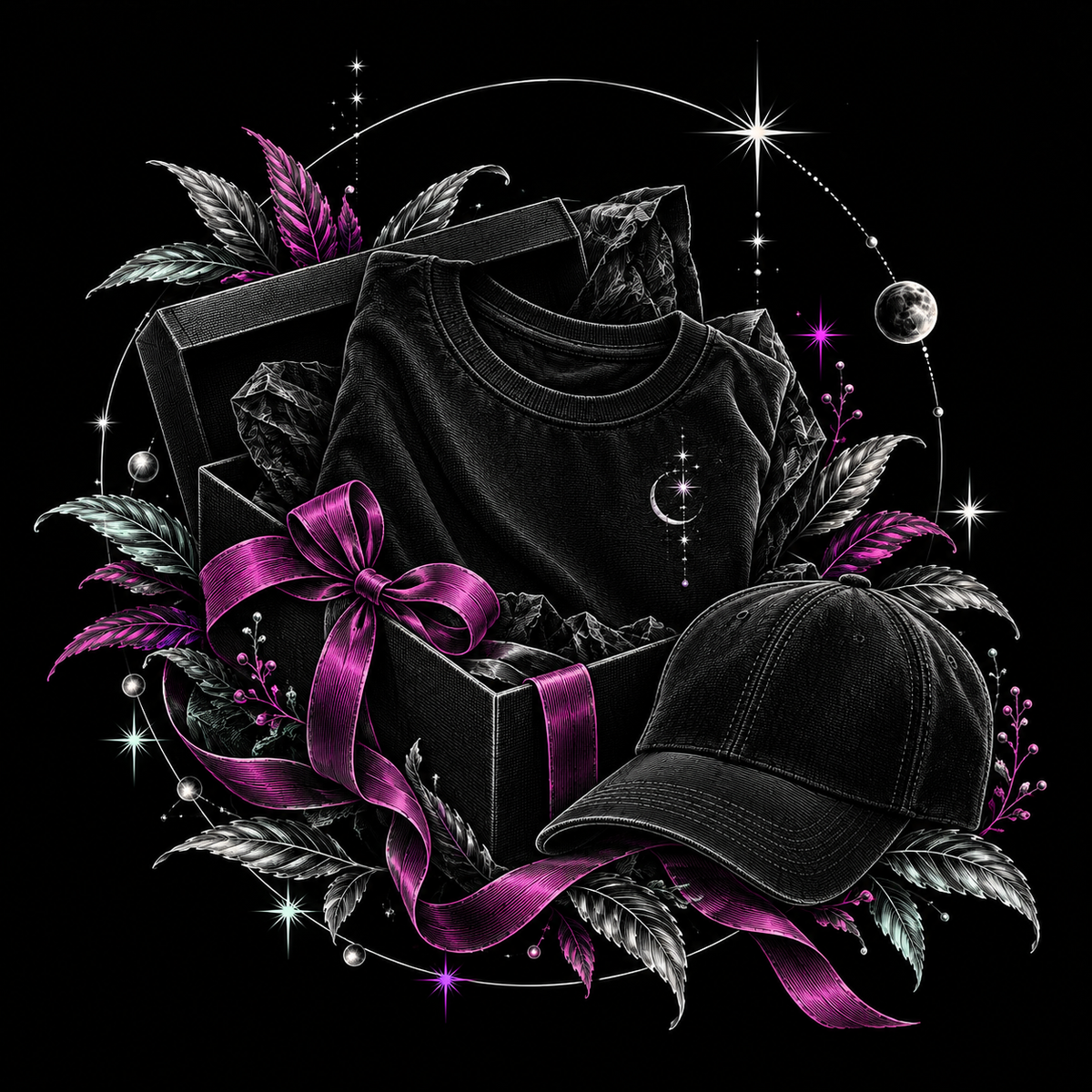 Etched black gift box with a folded T-shirt, baseball cap and pink ribbon, surrounded by silver stars and mint foliage.