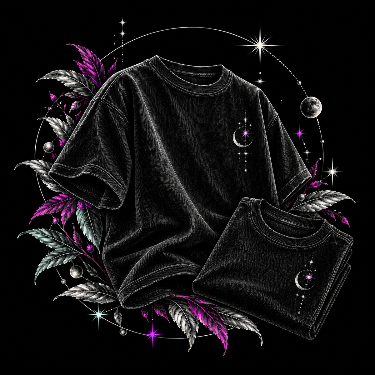Etched oversized black T-shirt and folded tee with silver crescent details, stars and pink and mint botanical accents.