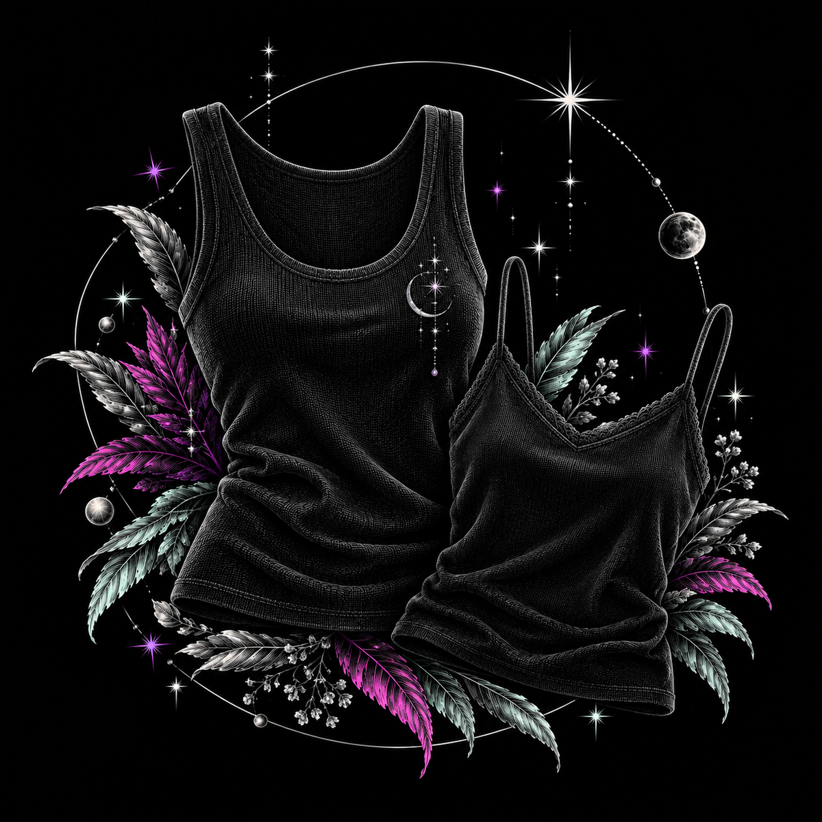 Etched black tank top and spaghetti-strap camisole with silver celestial details and pink and mint foliage.