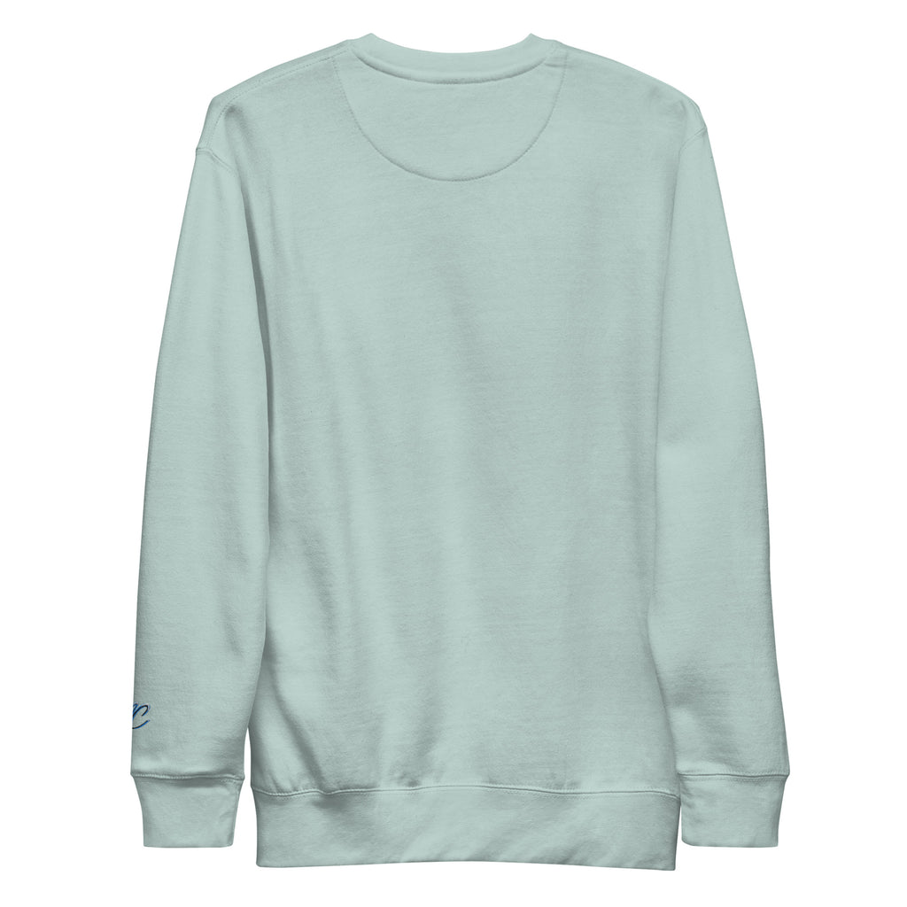 Back view of the agave Mandi Cruz Media CBN Helps Me Sleep premium sweatshirt with ribbed cuffs and hem.