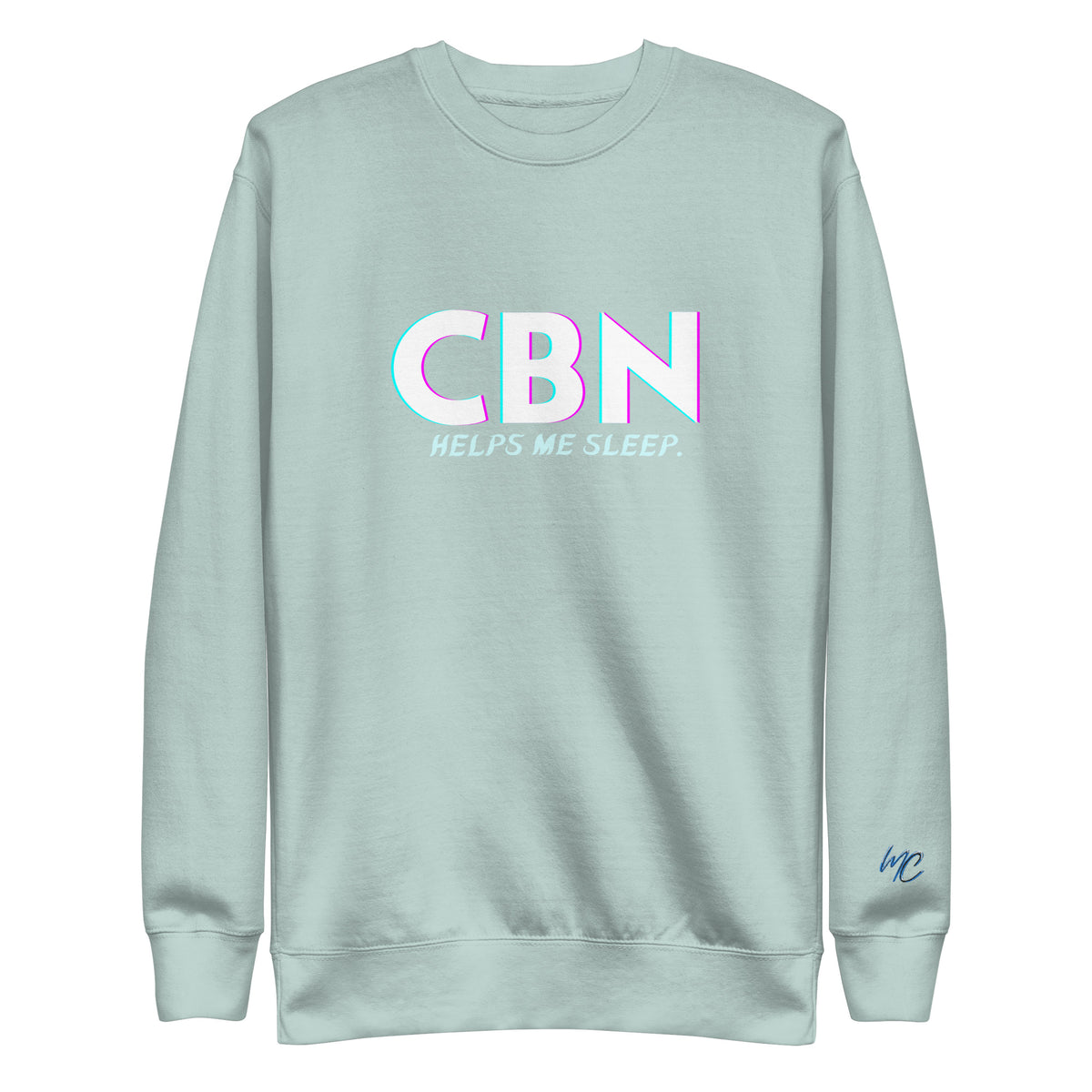 Front view of the agave CBN Helps Me Sleep premium sweatshirt with chest artwork and a blue MC logo on the left sleeve.