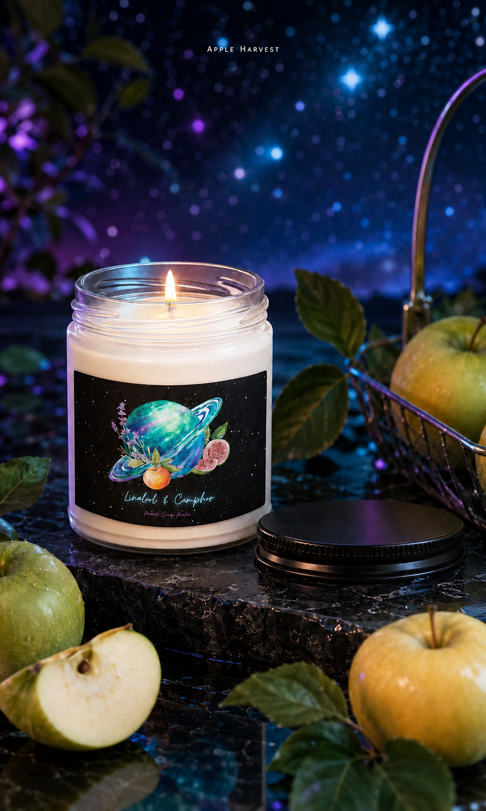 Lit Mandi Cruz Media Terpenes soy candle surrounded by fresh green and golden apples in a cosmic orchard setting.