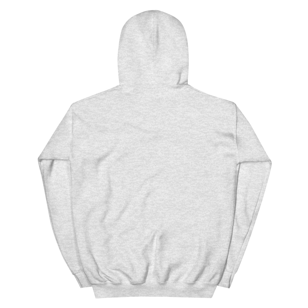 Back product view of the ash grey Butterfly Lungs unisex hoodie showing the plain back, hood, sleeves and ribbed hem.