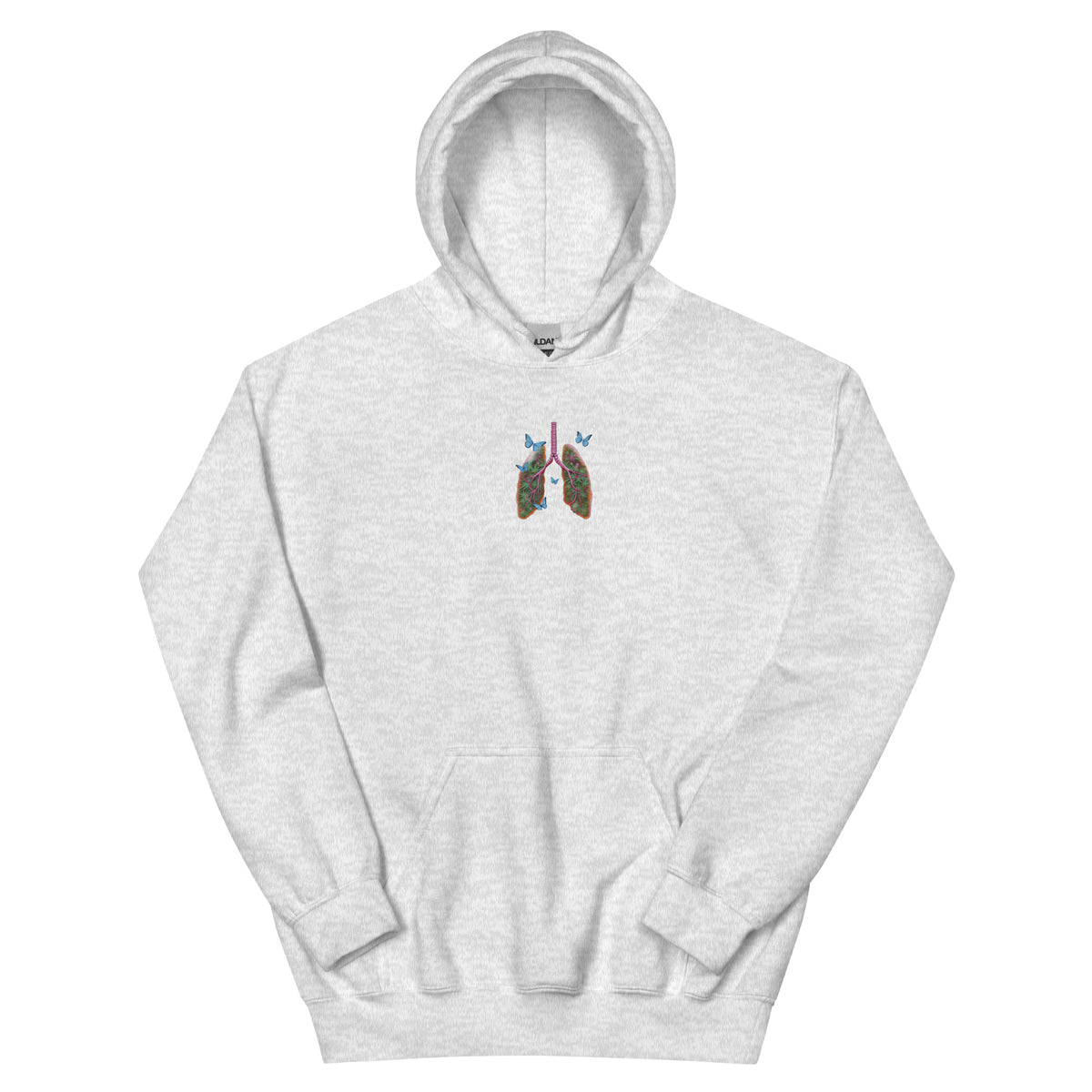 Front product view of the ash grey unisex hoodie with a colorful Butterfly Lungs chest graphic, hood and kangaroo pocket.