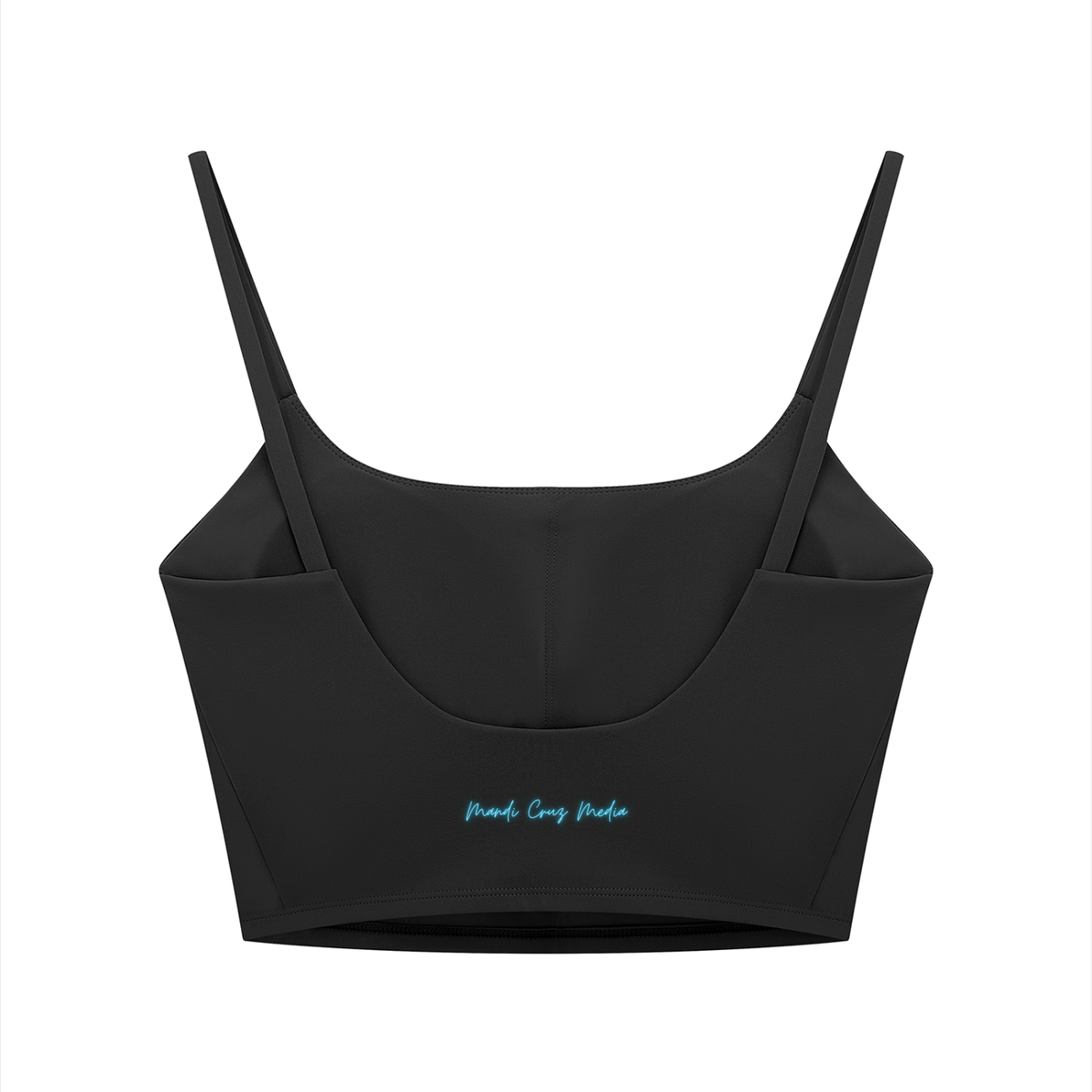 Black scoop-neck bralette with thin adjustable shoulder straps and a small light blue script logo on the lower front, displayed against a solid white background.