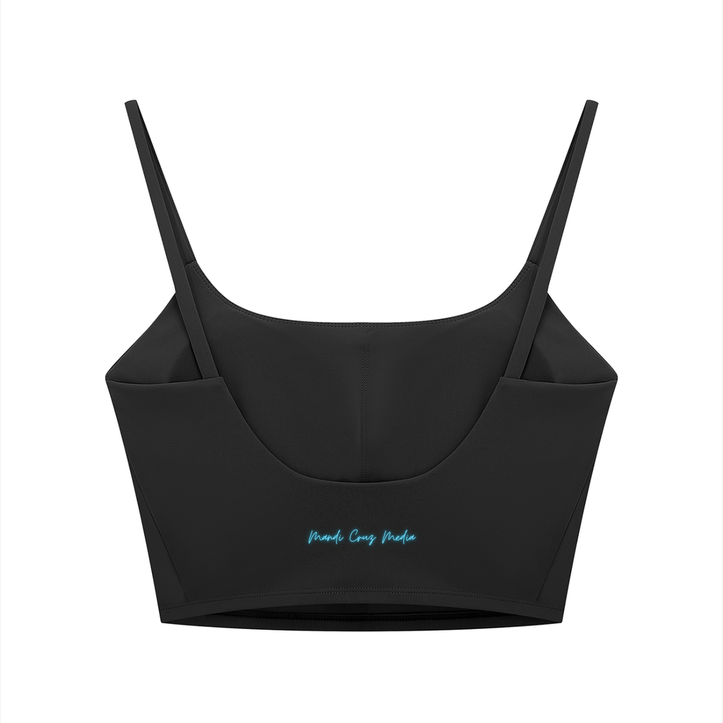 Back view of the black Neon THC Molecule Crop Tank featuring signature Mandi Cruz Media branding.