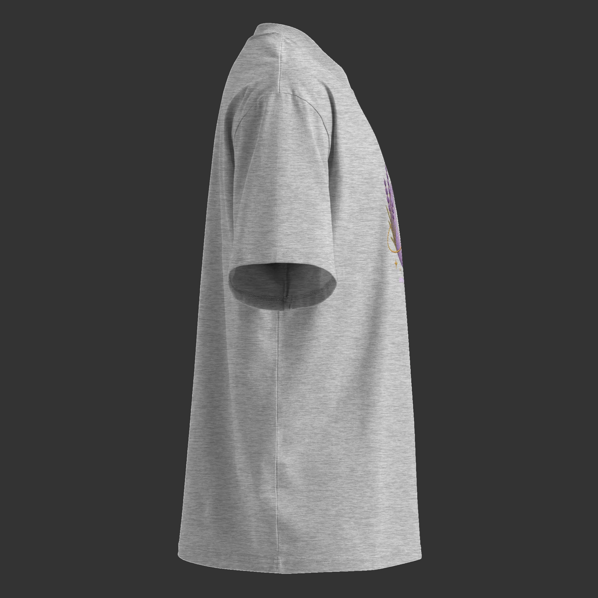 Right-side view of the heather-grey oversized high-neck tee showing its wide sleeve and partial front design.