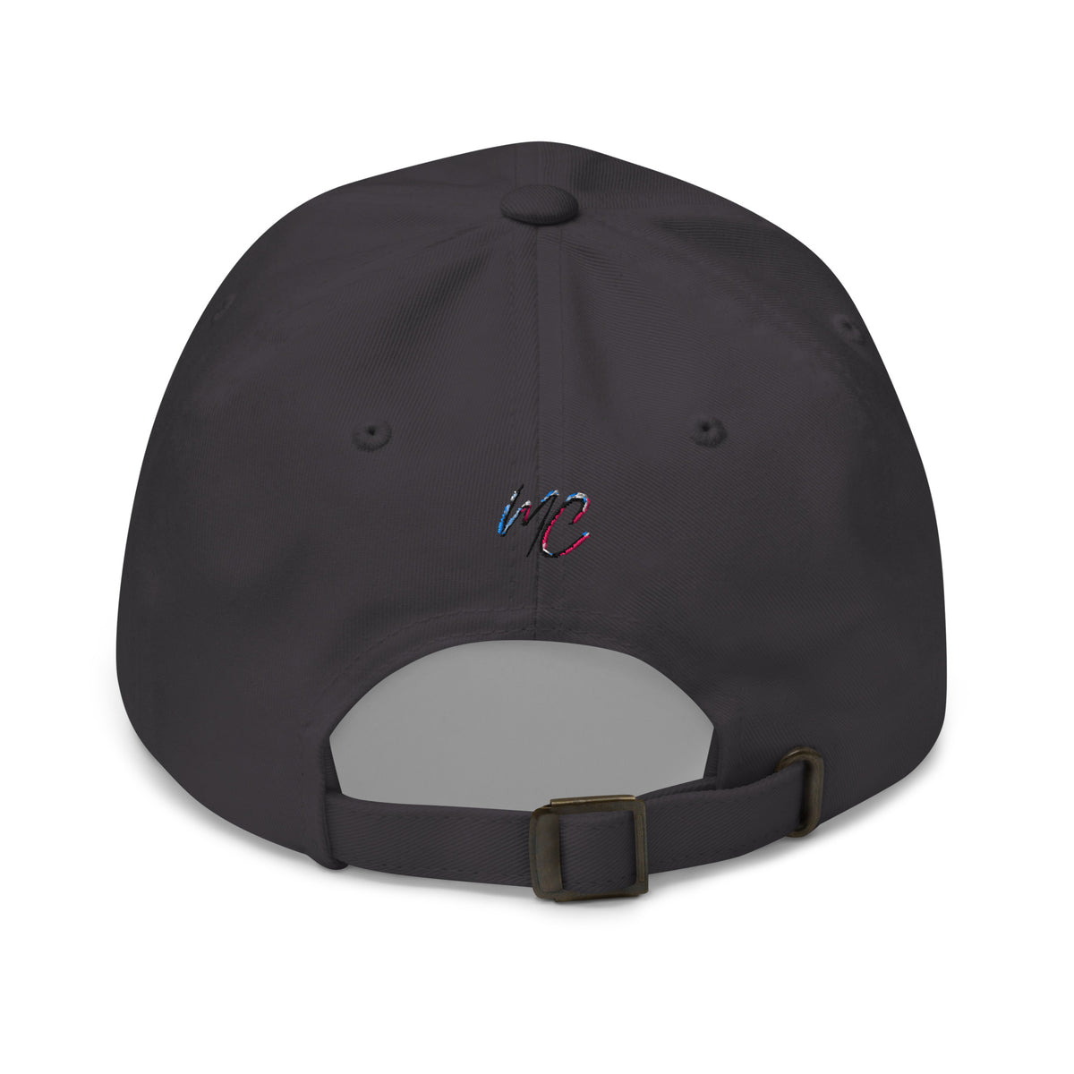 Back view of the dark grey dad hat showing the embroidered MCM mark and adjustable antique buckle.
