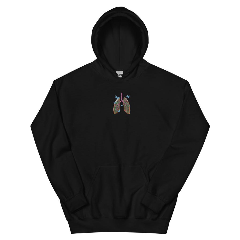 Front product view of the black unisex hoodie with a colorful anatomical lungs-and-butterflies chest graphic, hood and kangaroo pocket