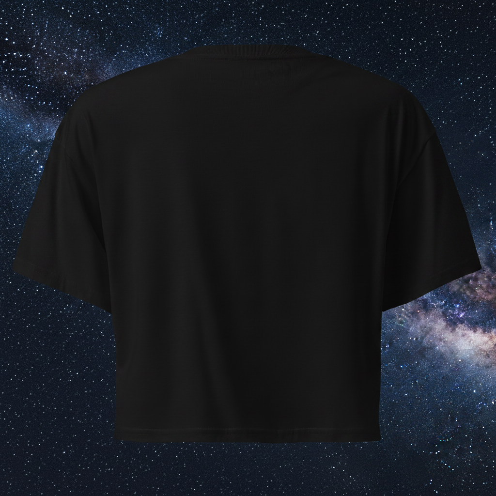 Back view of the black Butterfly Lungs crop top showing its plain back, dropped shoulders and cropped silhouette.