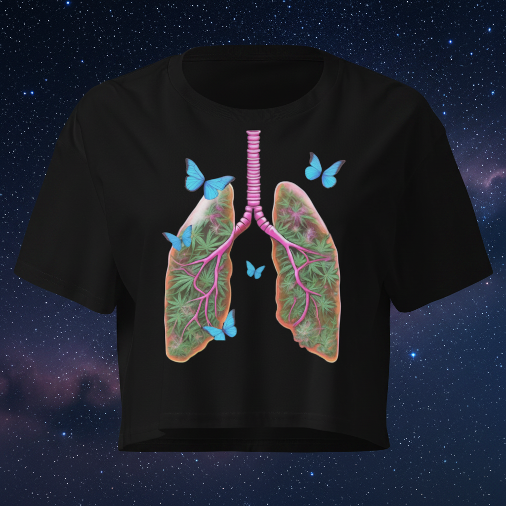 Front view of the black women’s crop top featuring Butterfly Lungs artwork with botanical and celestial details.