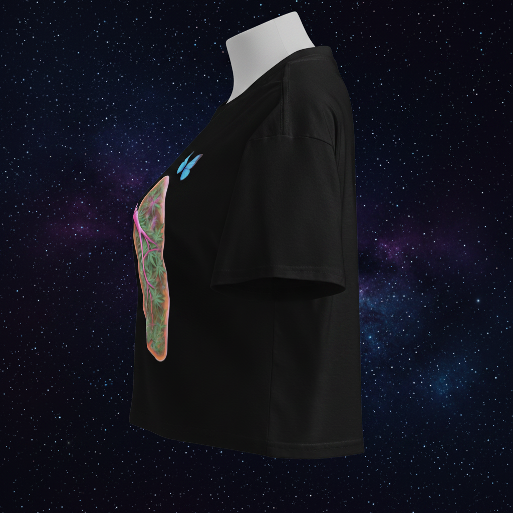 Left-side view of the black Butterfly Lungs crop top showing its relaxed sleeve, cropped hem and partial front artwork.