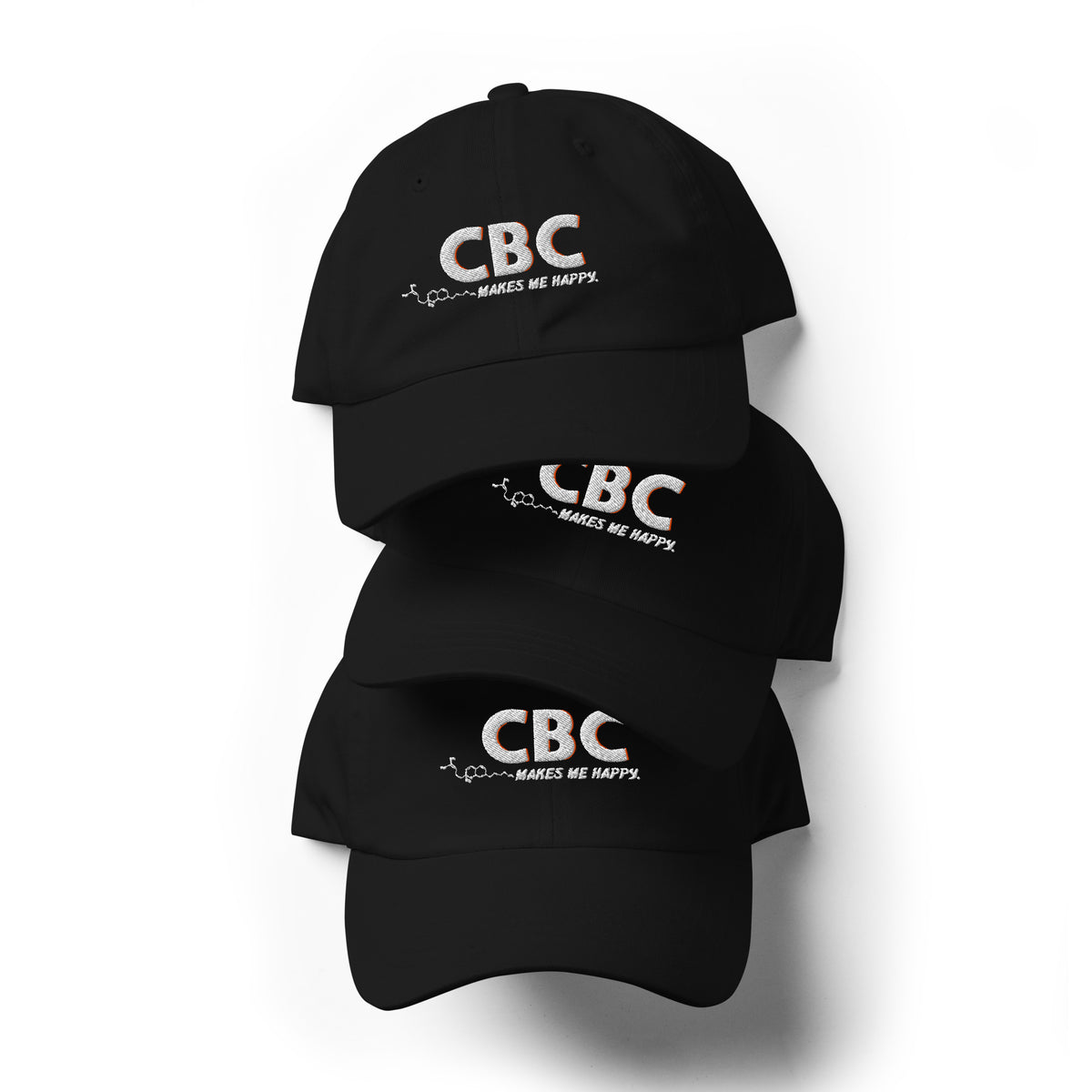 Front view of the black CBC Makes Me Happy dad hat featuring embroidered lettering, a curved brim and a low-profile crown.