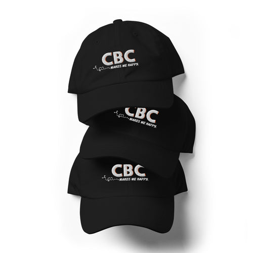 Front view of the black CBC Makes Me Happy dad hat featuring embroidered lettering, a curved brim and a low-profile crown.
