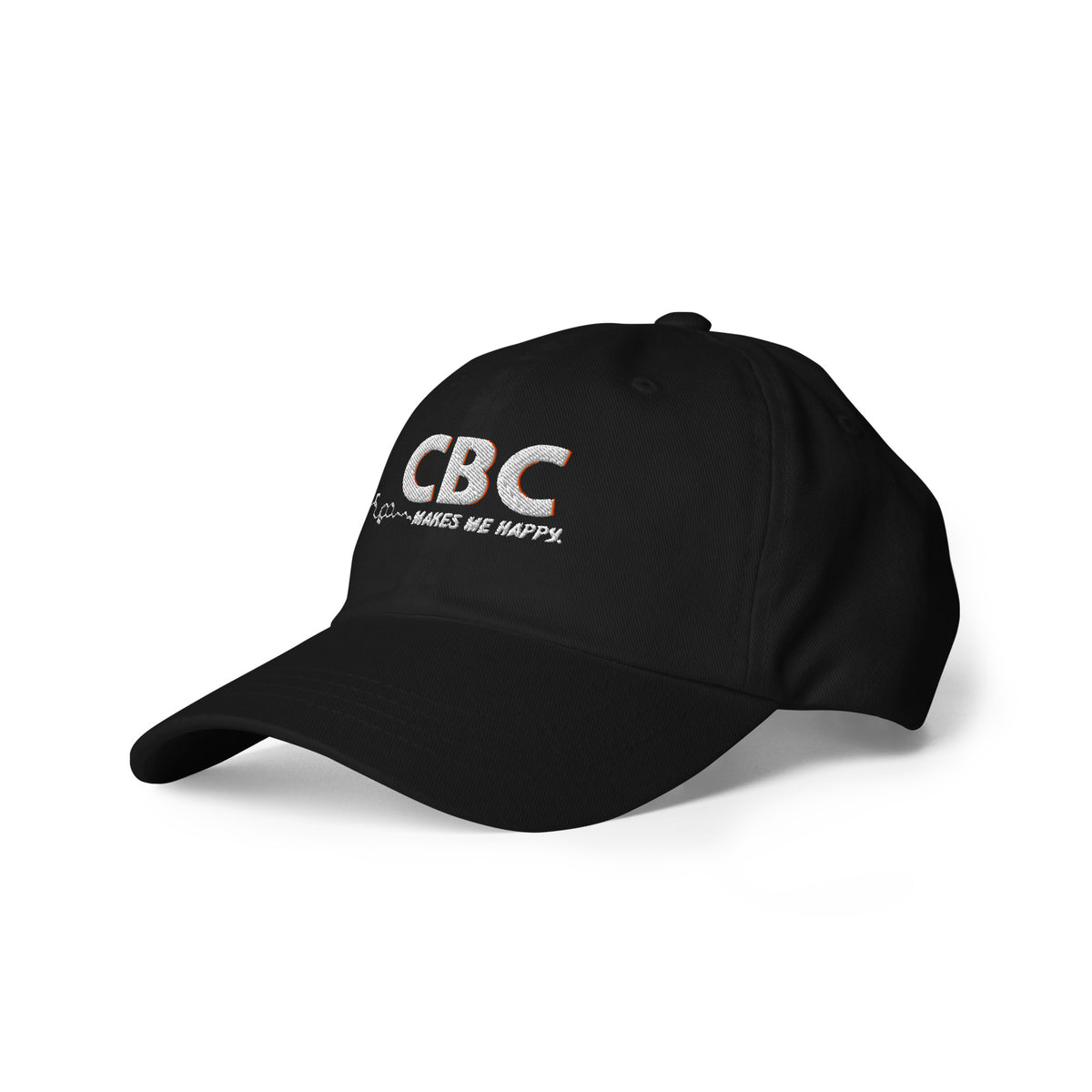 Left-front view of the black CBC Makes Me Happy dad hat highlighting the embroidered design and relaxed low-profile shape.