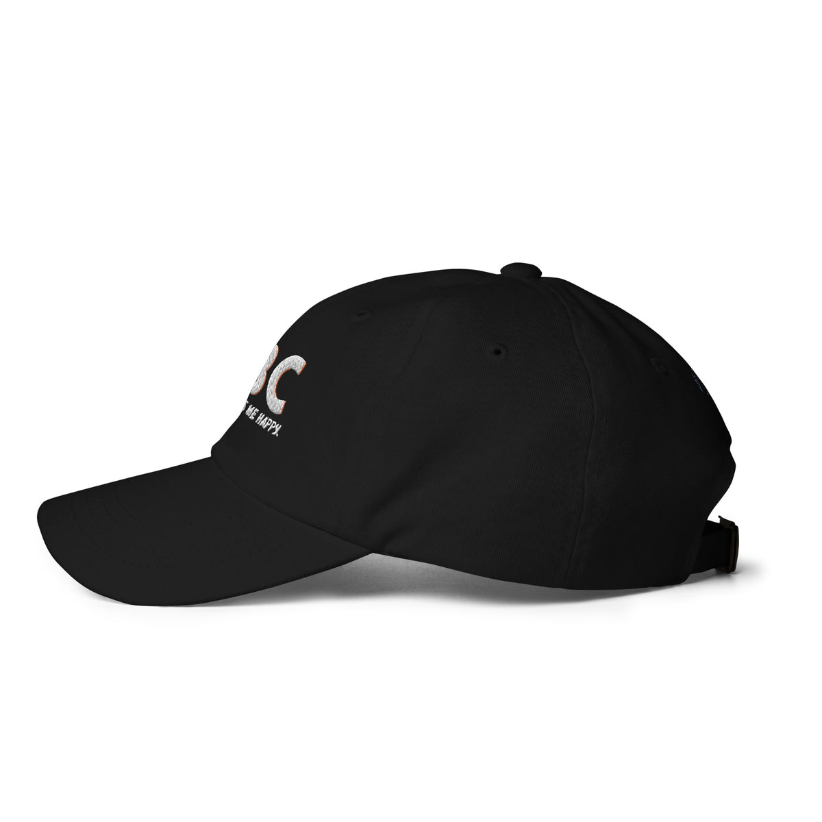 Left-side view of the black CBC Makes Me Happy dad hat showing its curved brim, six-panel crown and embroidered eyelets.