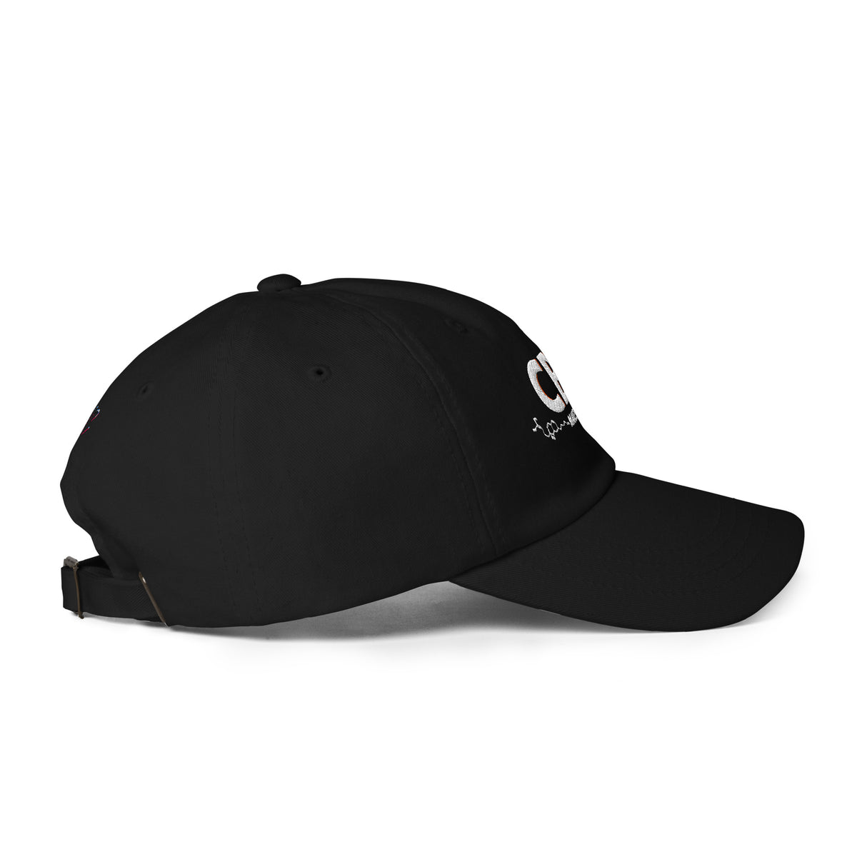 Right-side view of the black CBC Makes Me Happy dad hat showing its curved visor, cotton-twill construction and embroidered eyelets.