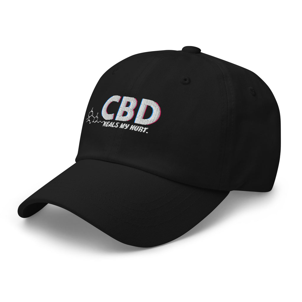 Alternate angled front view of the black CBD Heals My Hurt dad hat with its curved visor extending forward