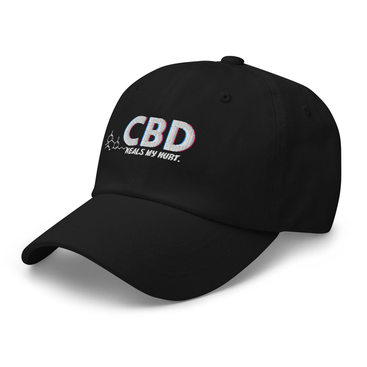 Alternate angled front view of the black CBD Heals My Hurt dad hat with its curved visor extending forward