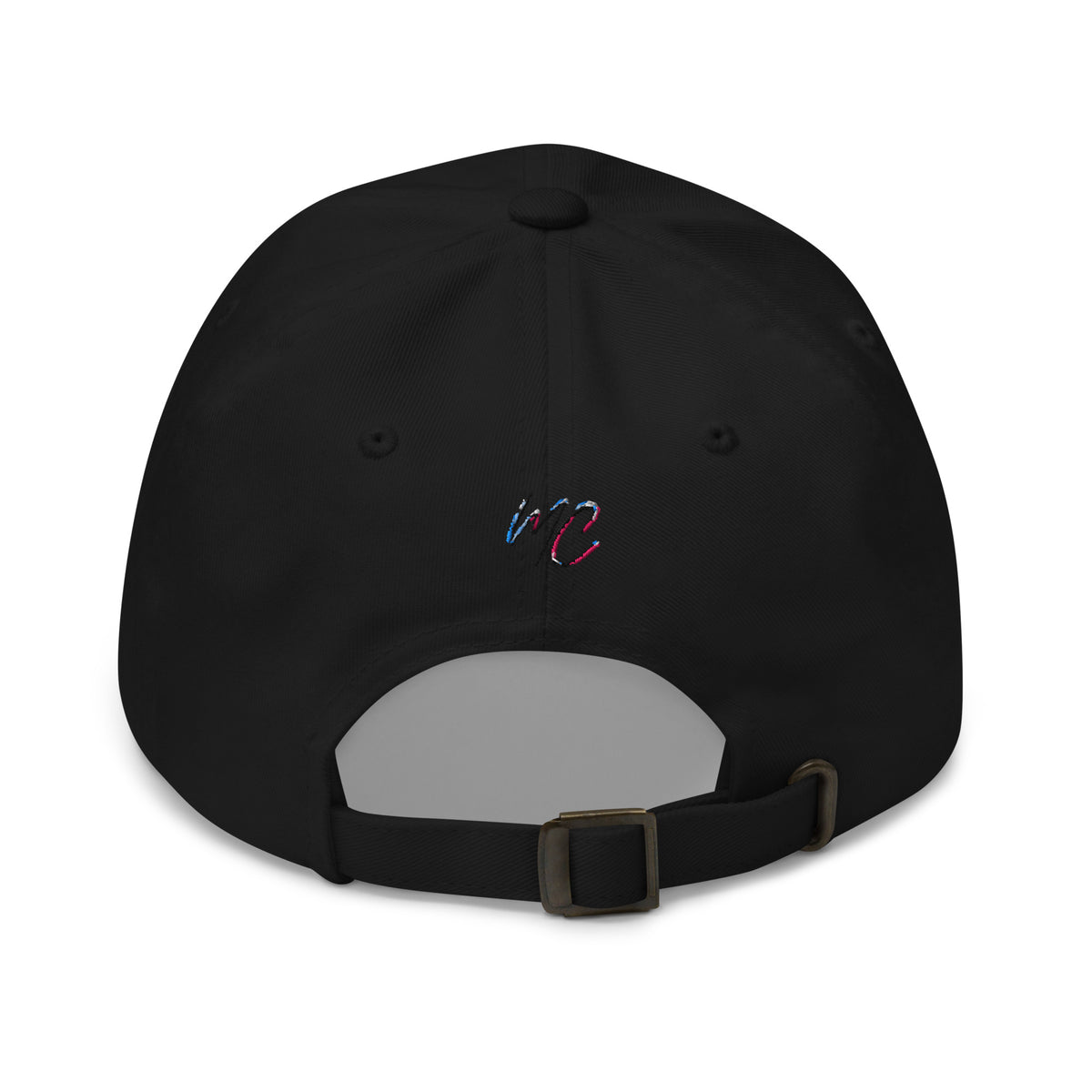 Back view of the black dad hat showing the small MCM embroidery, adjustable opening and antique buckle.