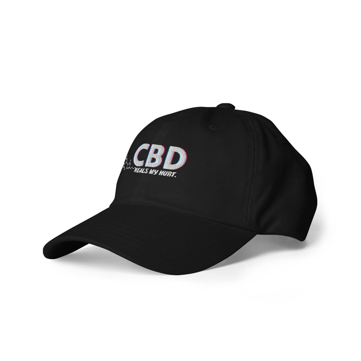 Close angled front view of the black CBD Heals My Hurt dad hat showing its embroidered CBD lettering, molecular detail and curved brim.