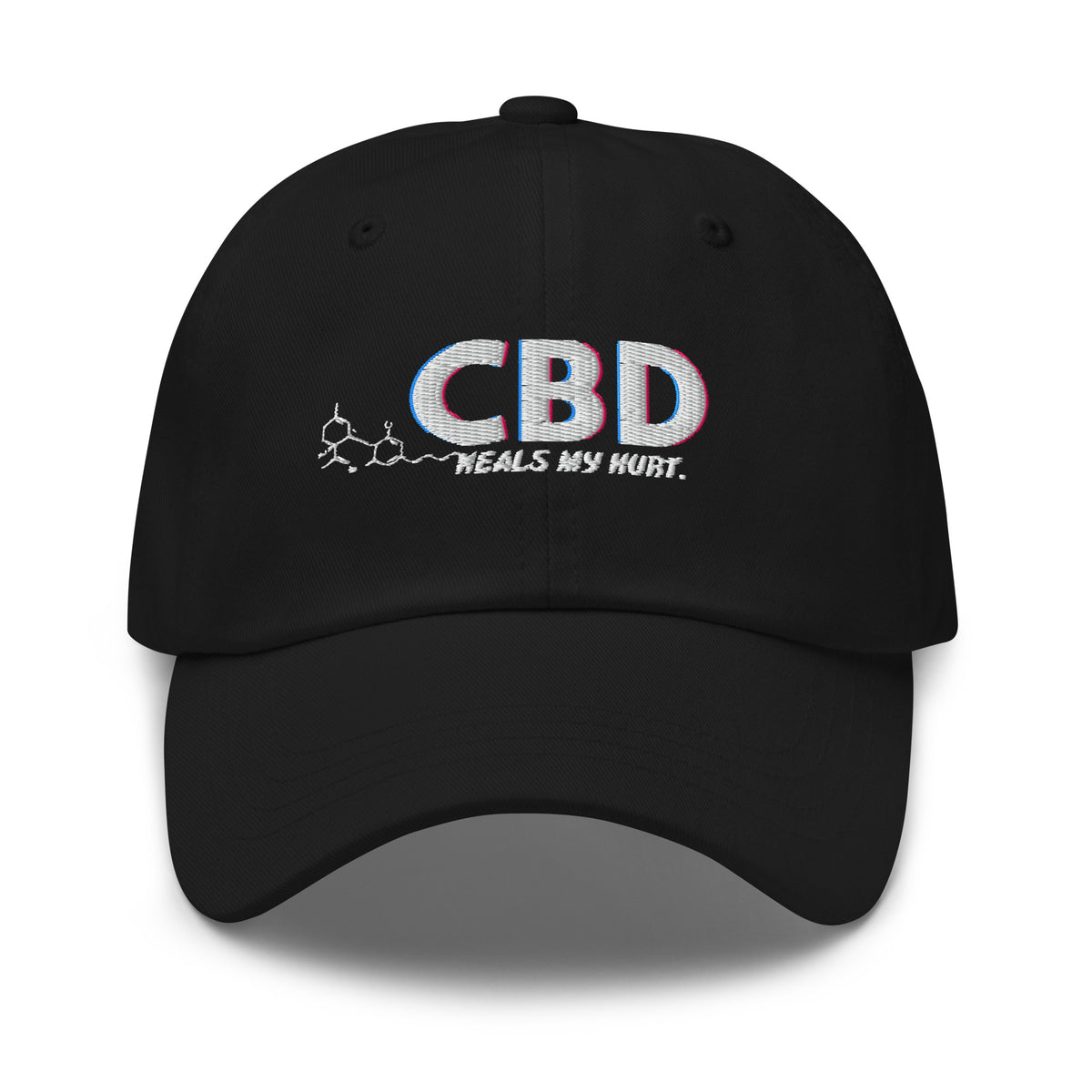 Straight-on front view of the black CBD Heals My Hurt dad hat with multicolor embroidery and a curved visor.