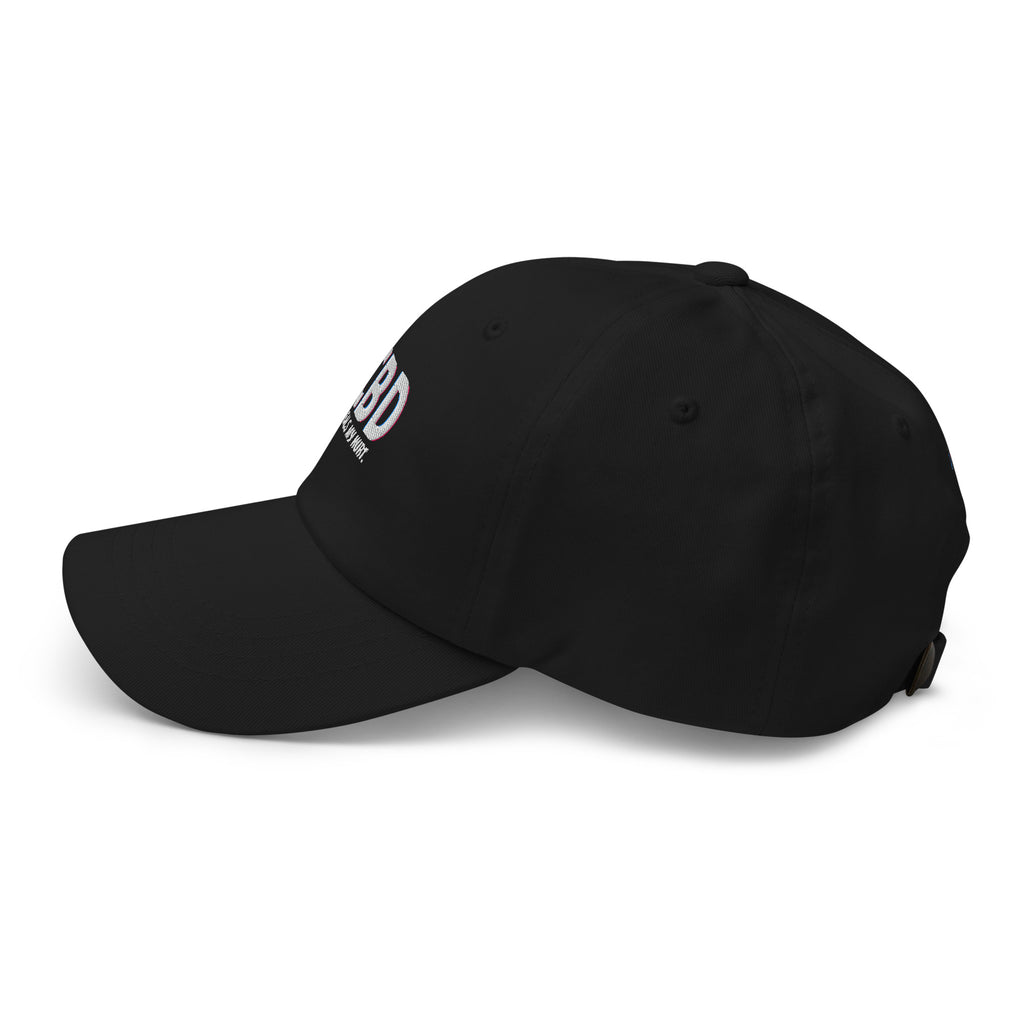 Left-facing side profile of the black CBD Heals My Hurt dad hat showing the curved visor and adjustable back.