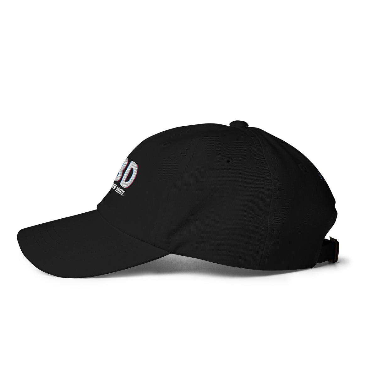 Low left-facing profile of the black CBD Heals My Hurt dad hat with a curved visor and low crown.