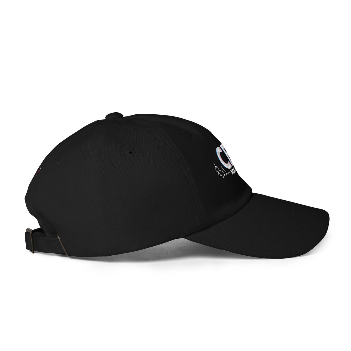 Low side-angle view of the black CBD Heals My Hurt dad hat with the front embroidery partly visible.