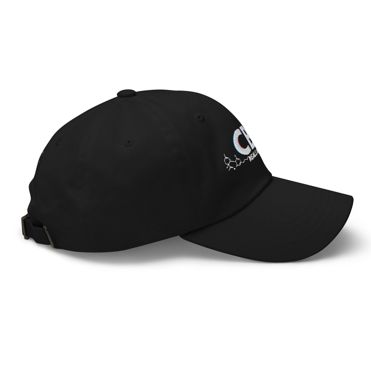 Right-facing side view of the black CBD Heals My Hurt dad hat showing its curved brim and low-profile fit.