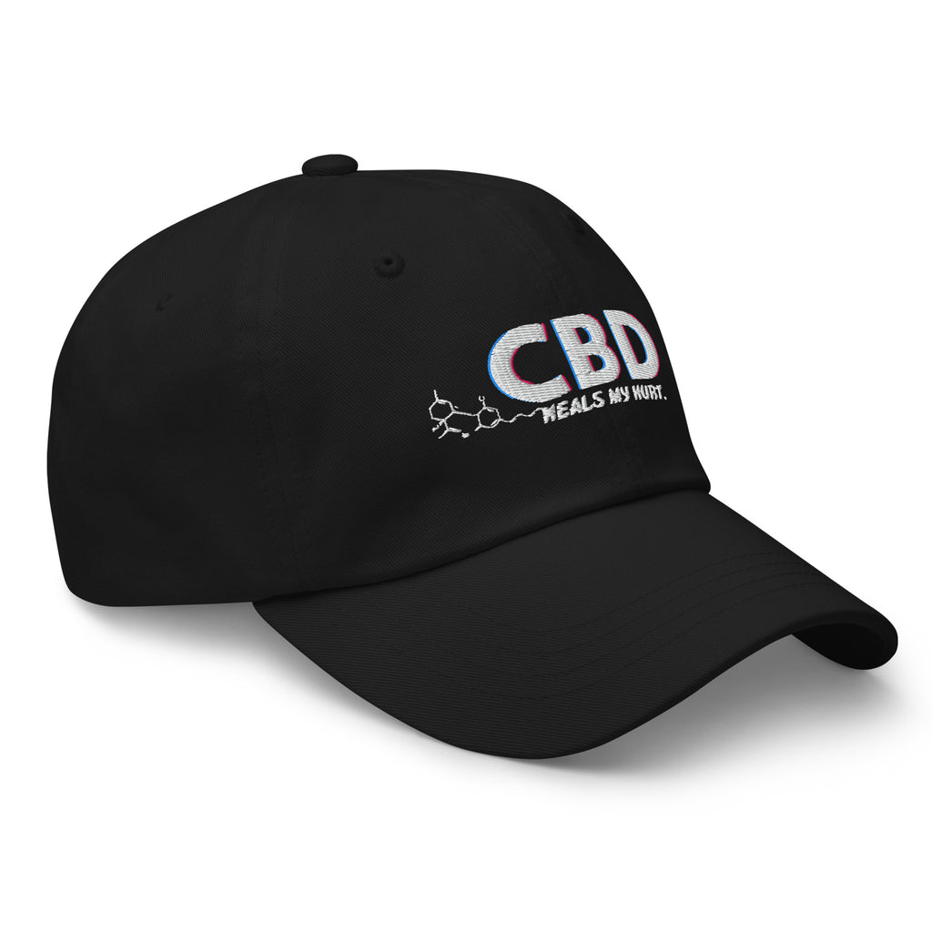 Three-quarter front view of the black CBD Heals My Hurt dad hat showing the embroidered message and curved brim.