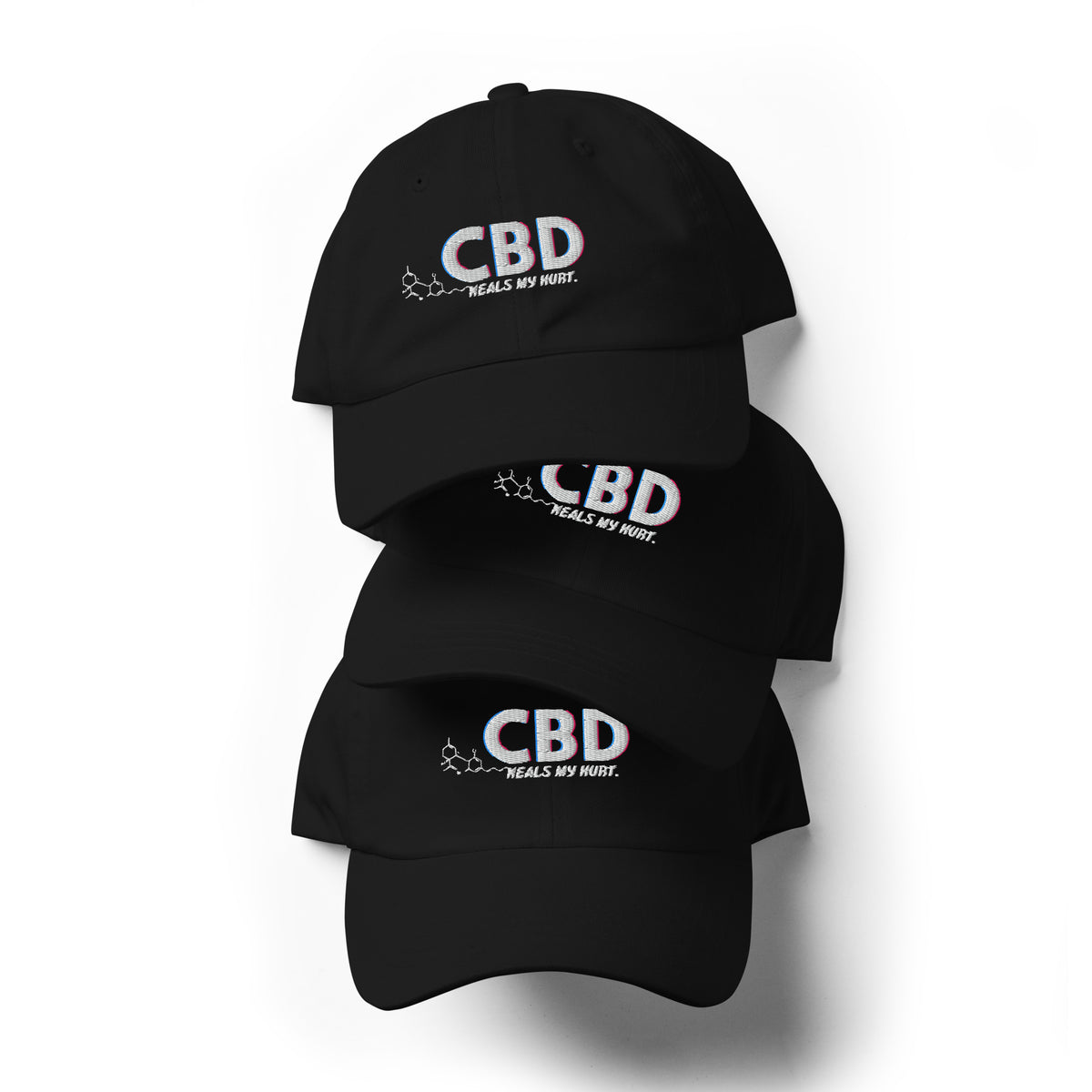 Three black CBD Heals My Hurt embroidered dad hats arranged vertically in a stacked product display.