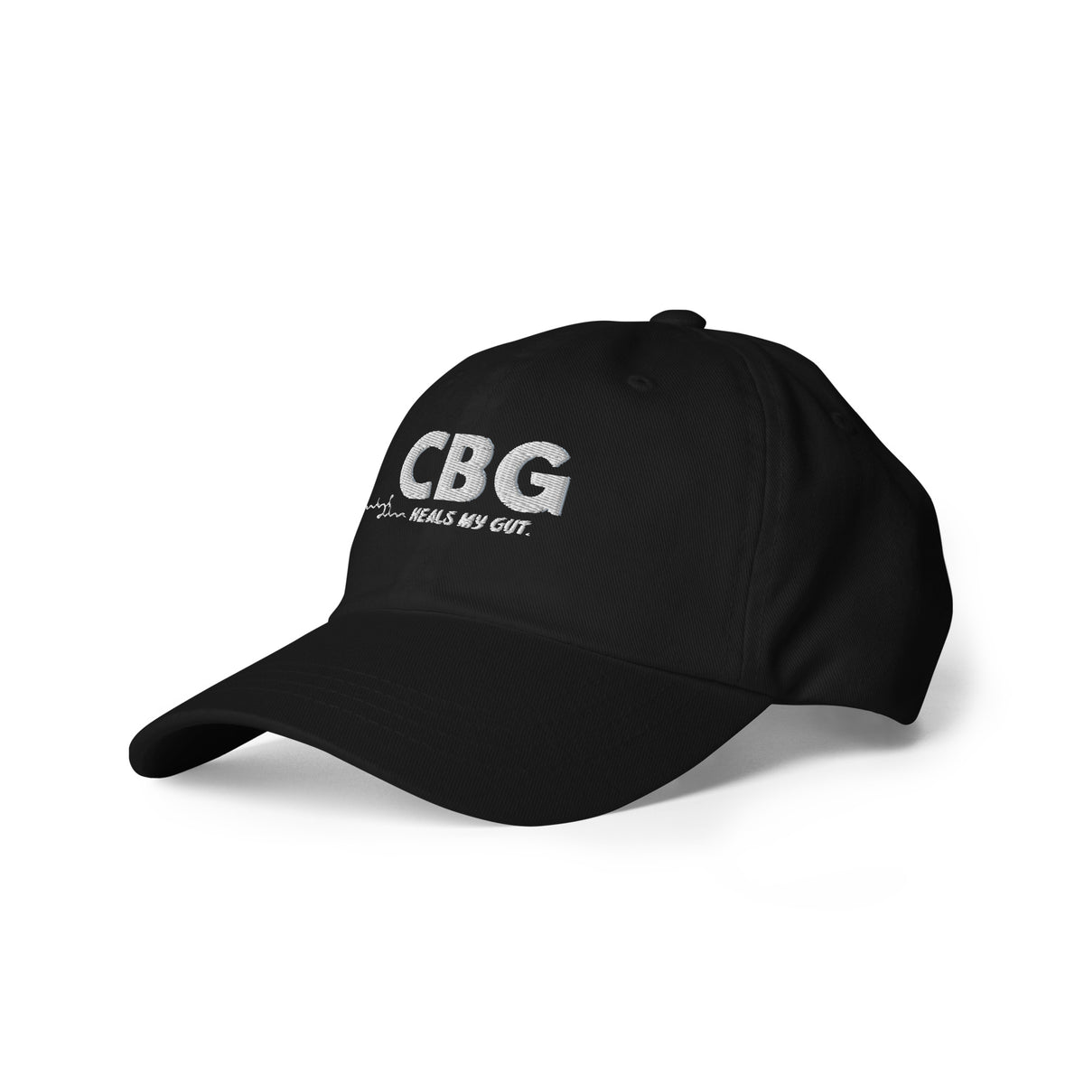 Left-front view of the black CBG Heals My Gut dad hat highlighting the embroidered design and relaxed low-profile shape.