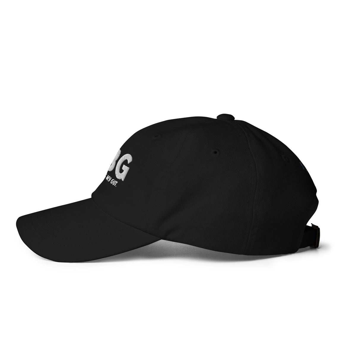 Left-side view of the black CBG Heals My Gut dad hat showing its curved brim, six-panel crown and embroidered eyelets.
