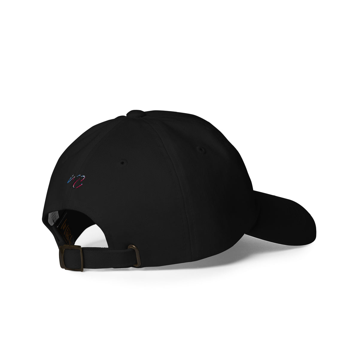 Right-rear view of the black CBG Heals My Gut dad hat showing the adjustable strap, antique buckle and curved brim.
