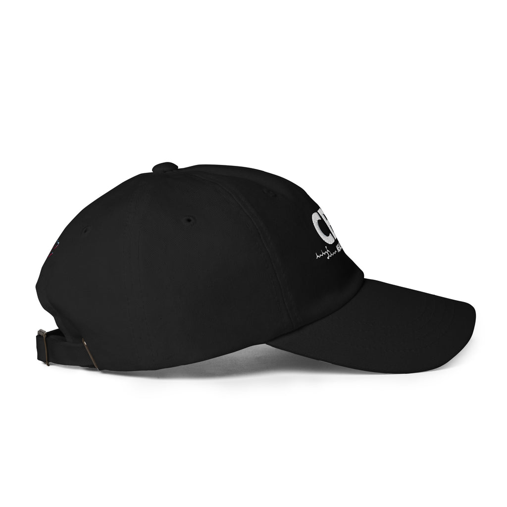 Right-side view of the black CBG Heals My Gut dad hat showing its curved visor, cotton-twill construction and embroidered eyelets.