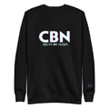 Front view of the black CBN Helps Me Sleep premium sweatshirt with chest artwork and a blue MC logo on the left sleeve.
