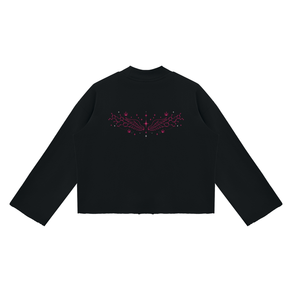 Back product view of the Black Mandi Cruz Media raw edge boxy sweatshirt featuring pink celestial wing artwork with molecular and star-inspired details across the upper back.