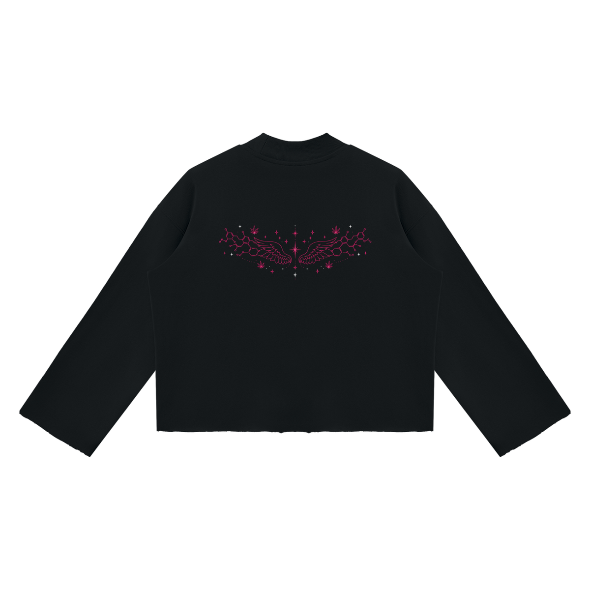 Back product view of the Black Mandi Cruz Media raw edge boxy sweatshirt featuring pink celestial wing artwork with molecular and star-inspired details across the upper back.