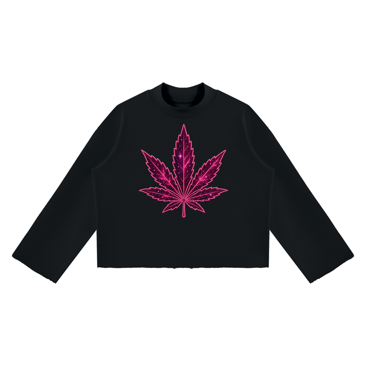 Front product view of the Black Mandi Cruz Media raw edge boxy sweatshirt featuring a vibrant hot-pink celestial leaf graphic.