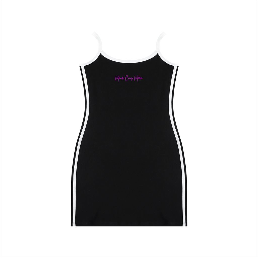 Back product view of the black bodycon mini dress with white contrast straps and side trim plus the pink Mandi Cruz Media signature.