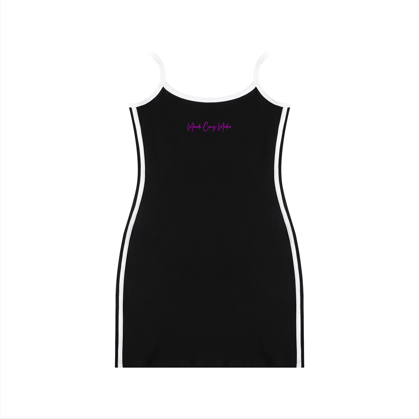 Back product view of the black bodycon mini dress with white contrast straps and side trim plus the pink Mandi Cruz Media signature.